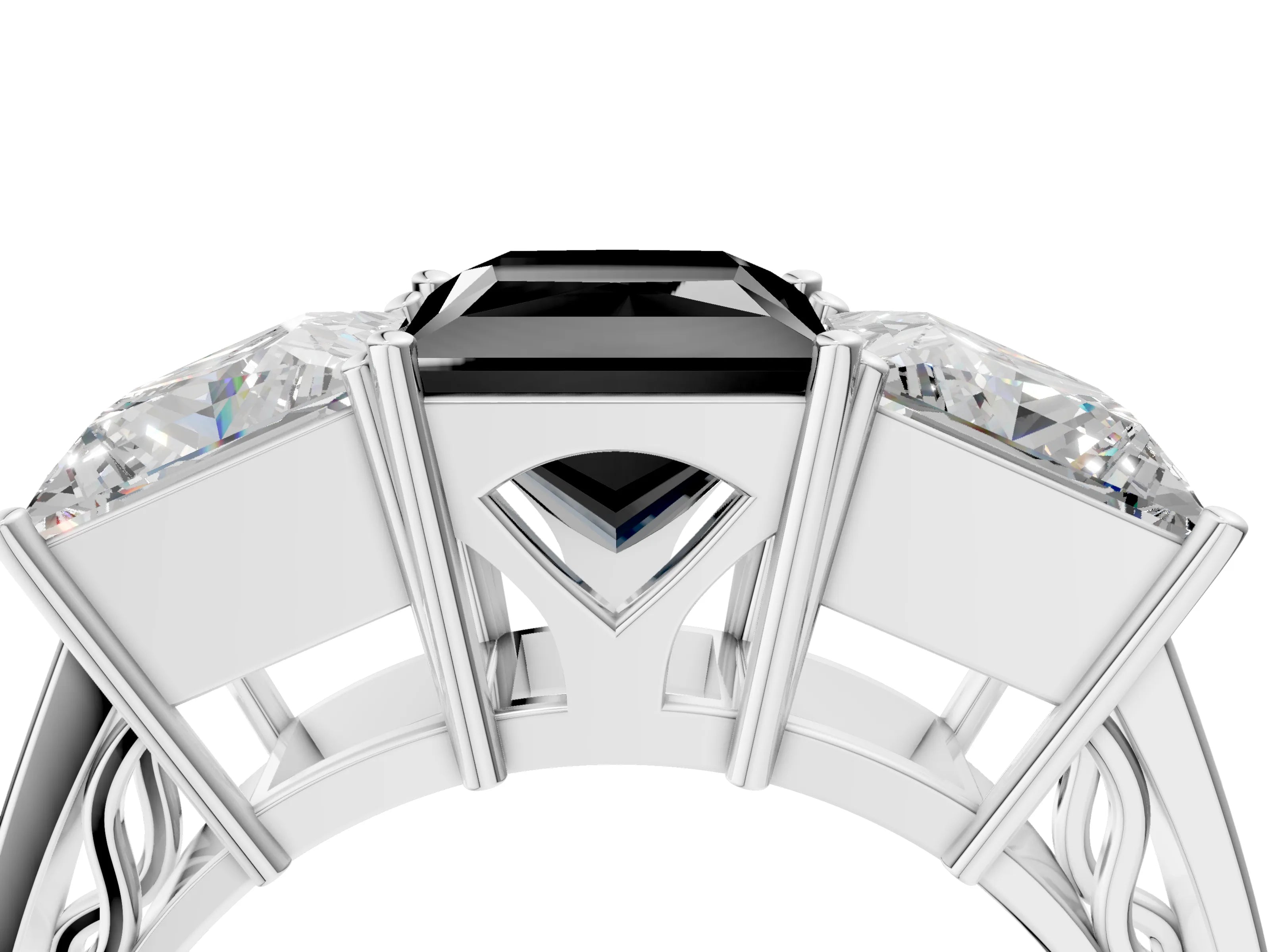 White gold Fancy Black Princess Cut Diamond Three-Stone Ring with Prong Setting and Textured Band_40