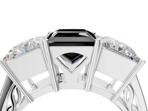 White gold Fancy Black Princess Cut Diamond Three-Stone Ring with Prong Setting and Textured Band_4