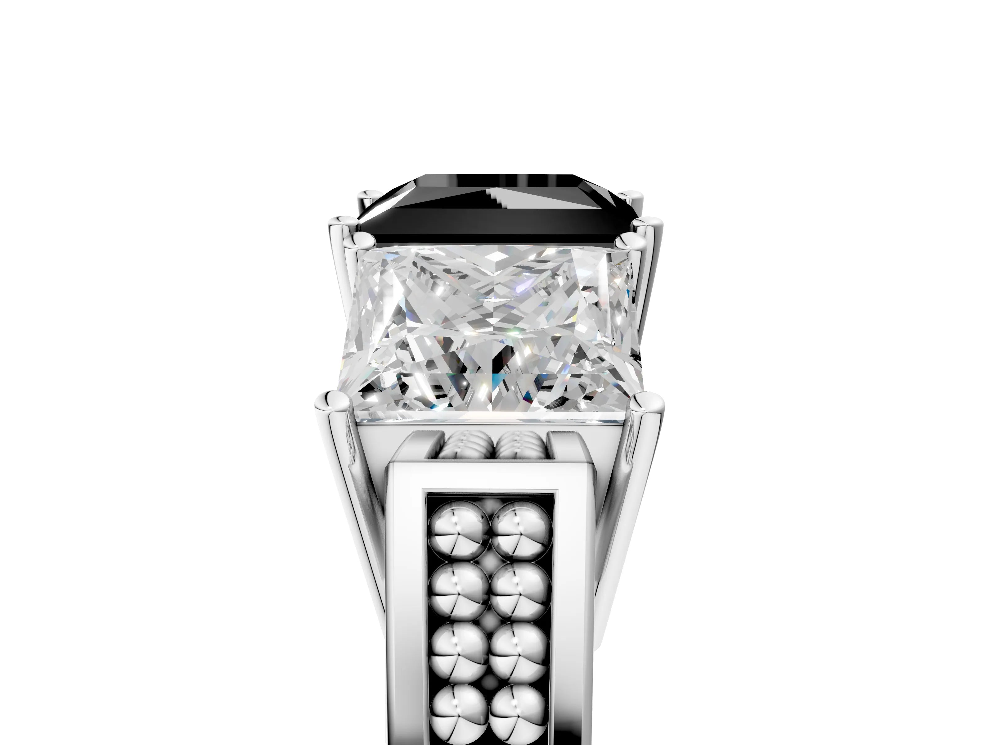 White gold Fancy Black Princess Cut Diamond Three-Stone Ring with Prong Setting and Textured Band_5