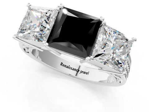 White gold Fancy Black Princess Cut Diamond Three-Stone Ring with Prong Setting and Textured Band_9