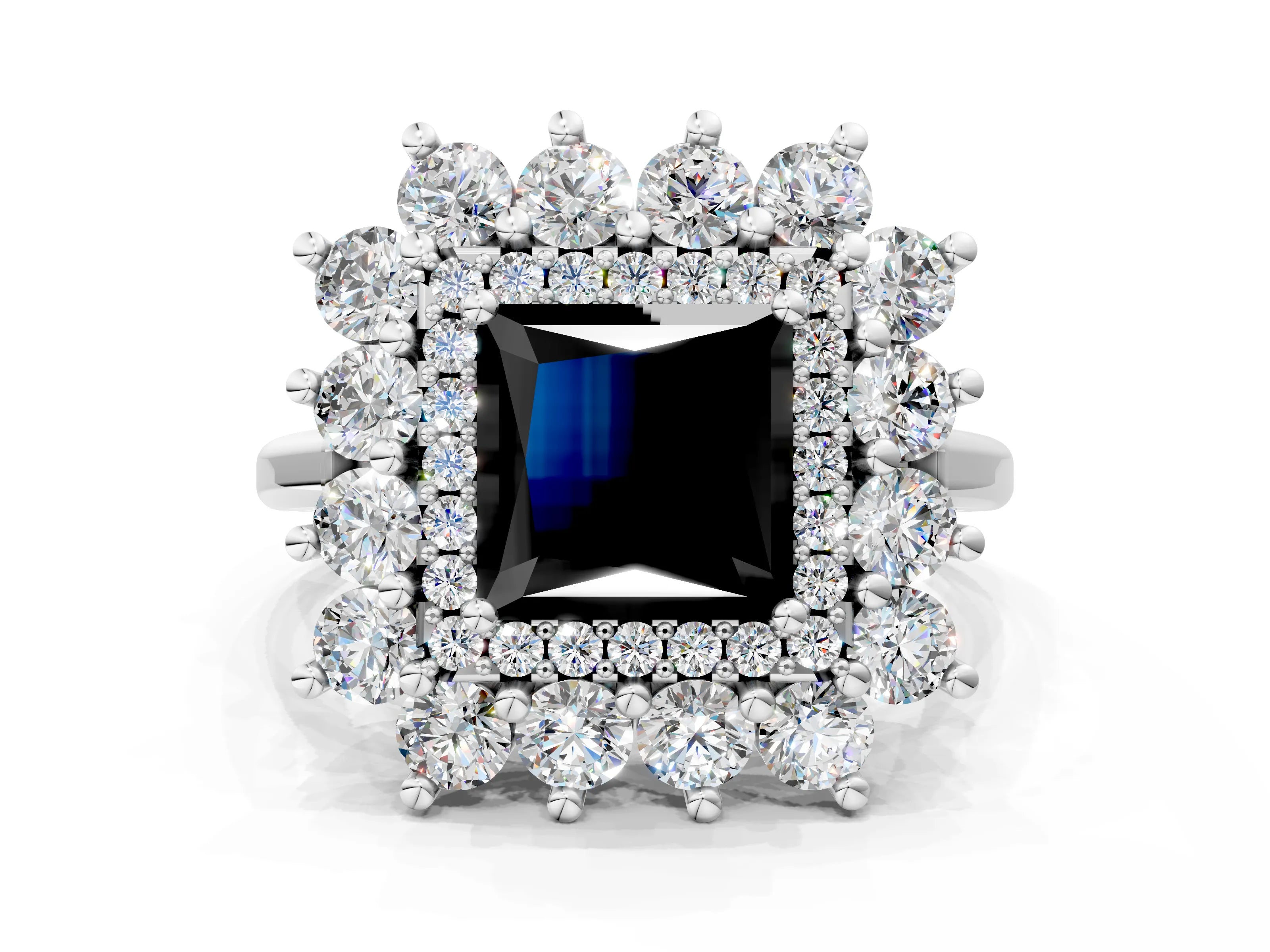 White gold Fancy Black Princess Cut Halo Cluster Diamond Ring with Pave Band and Four-Prong Setting