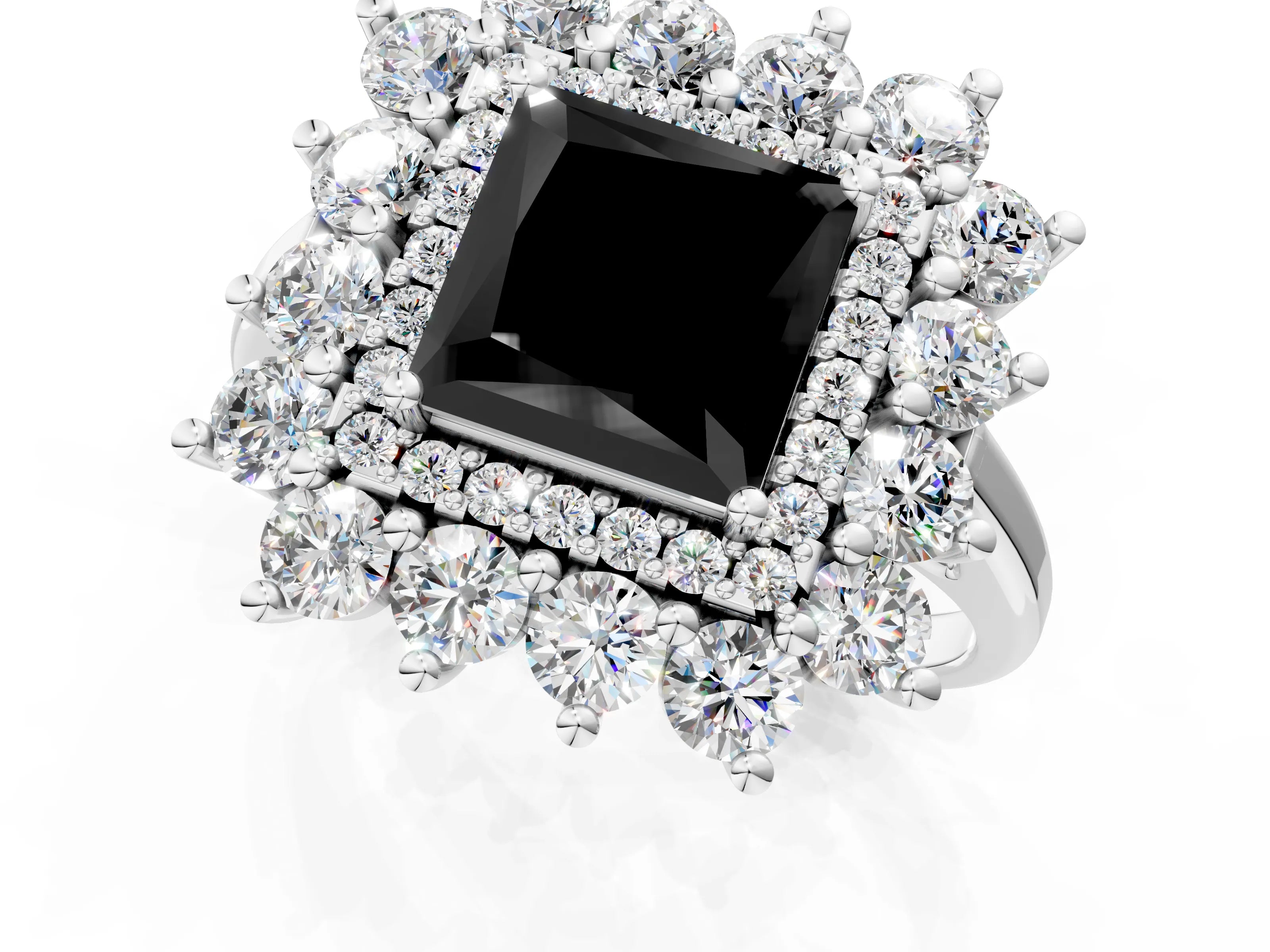White gold Fancy Black Princess Cut Halo Cluster Diamond Ring with Pave Band and Four-Prong Setting_1
