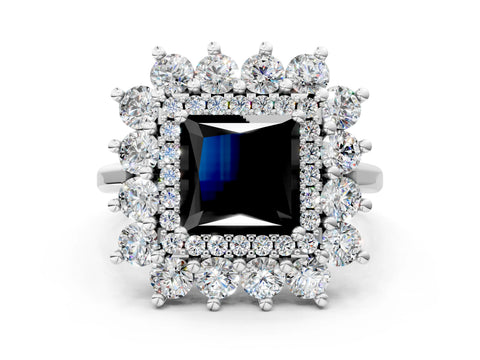 White gold Fancy Black Princess Cut Halo Cluster Diamond Ring with Pave Band and Four-Prong Setting_12