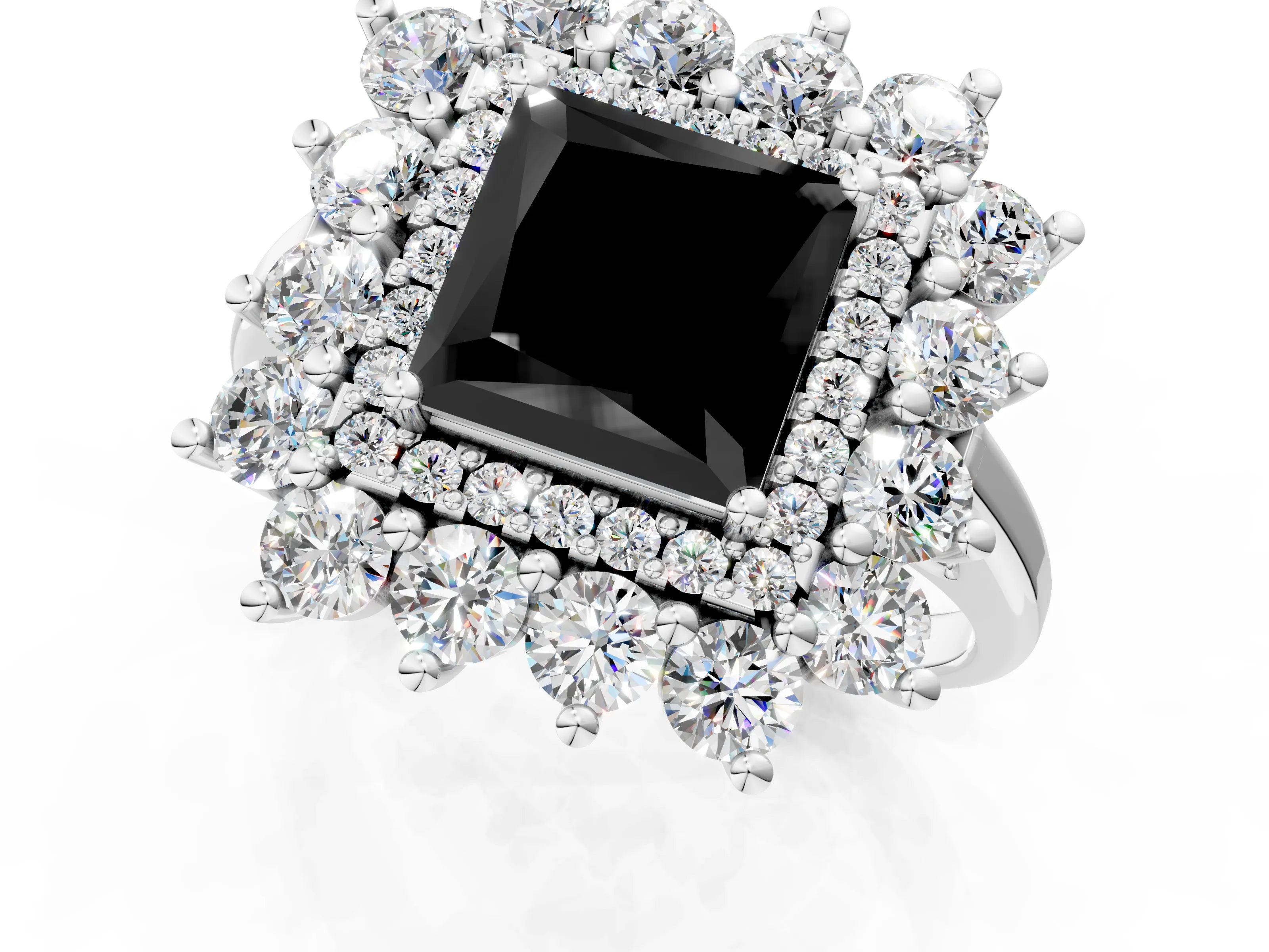 White gold Fancy Black Princess Cut Halo Cluster Diamond Ring with Pave Band and Four-Prong Setting_13
