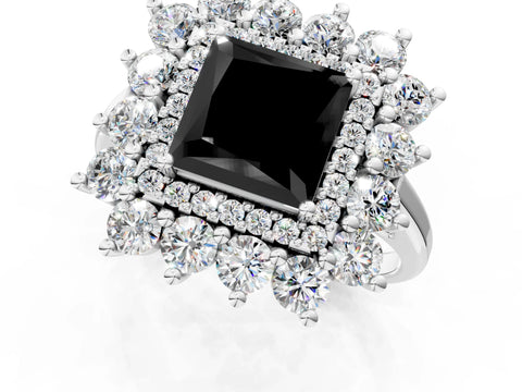 White gold Fancy Black Princess Cut Halo Cluster Diamond Ring with Pave Band and Four-Prong Setting_13