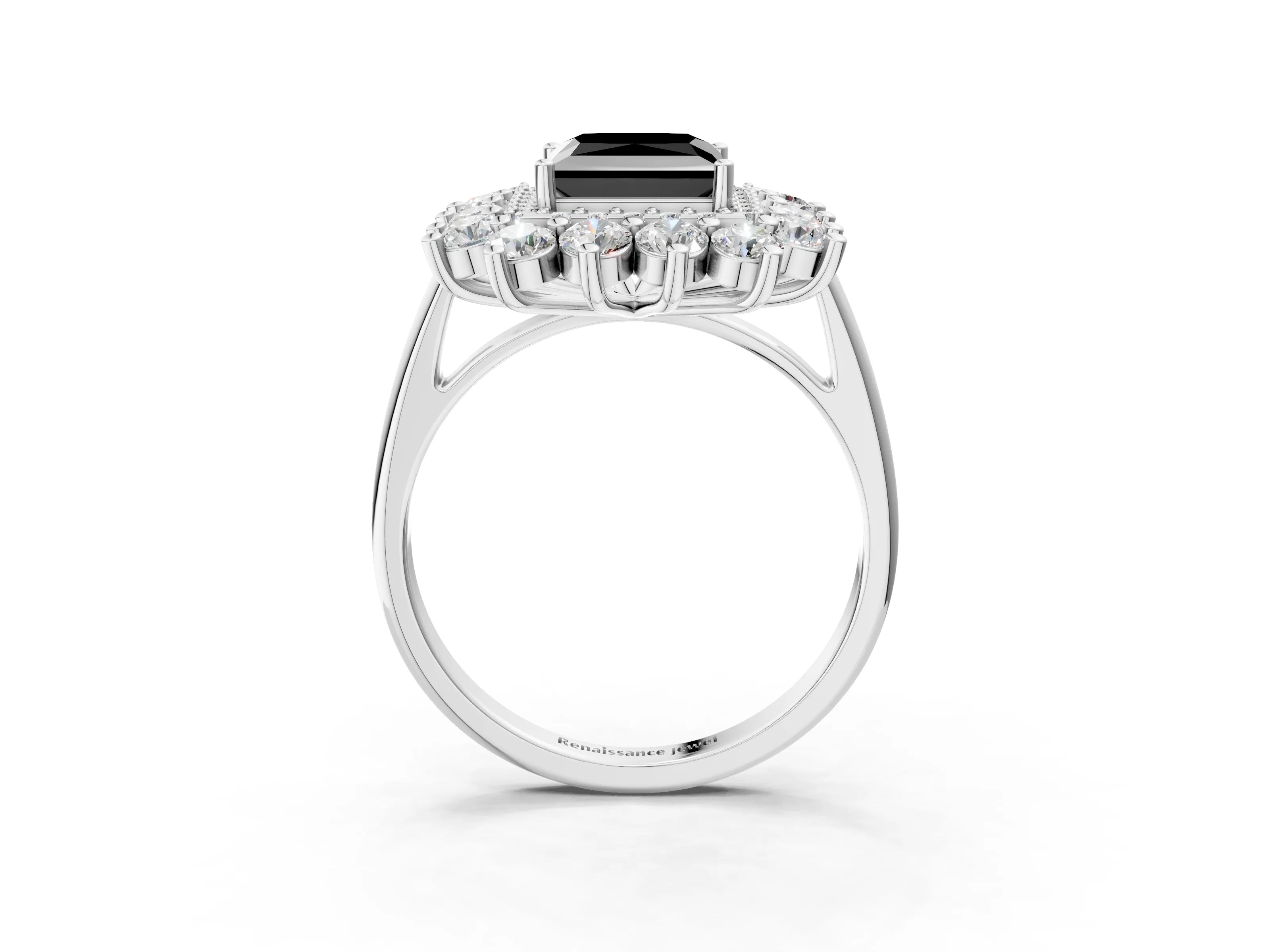 White gold Fancy Black Princess Cut Halo Cluster Diamond Ring with Pave Band and Four-Prong Setting_15