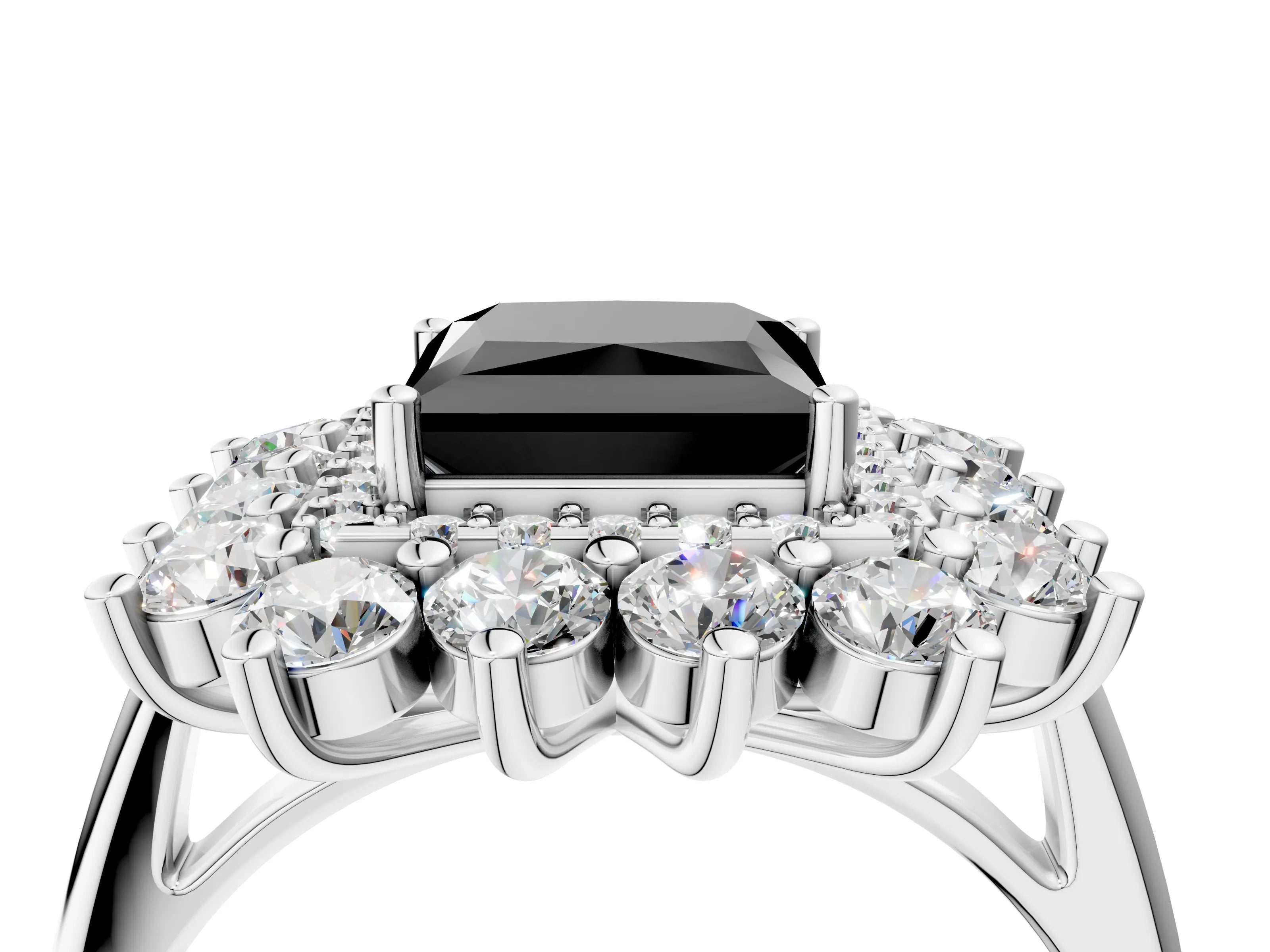 White gold Fancy Black Princess Cut Halo Cluster Diamond Ring with Pave Band and Four-Prong Setting_16
