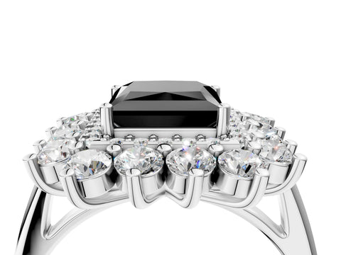 White gold Fancy Black Princess Cut Halo Cluster Diamond Ring with Pave Band and Four-Prong Setting_16