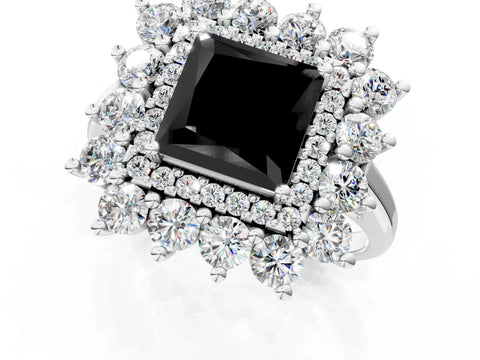White gold Fancy Black Princess Cut Halo Cluster Diamond Ring with Pave Band and Four-Prong Setting_1