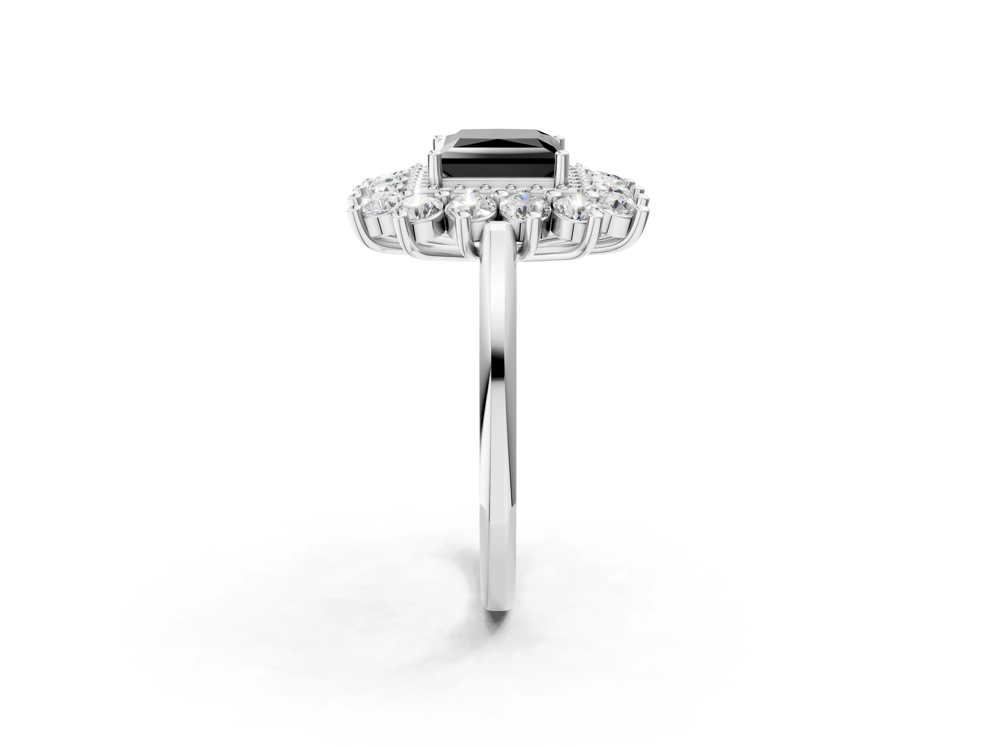 White gold Fancy Black Princess Cut Halo Cluster Diamond Ring with Pave Band and Four-Prong Setting_2