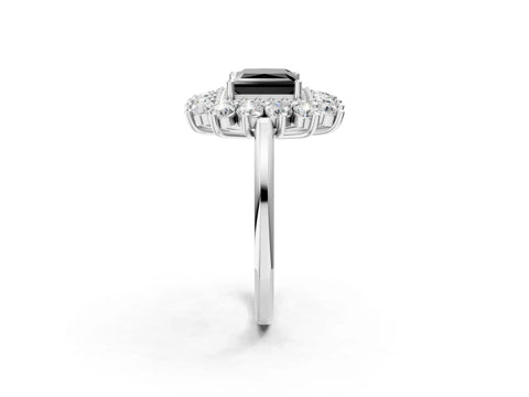 White gold Fancy Black Princess Cut Halo Cluster Diamond Ring with Pave Band and Four-Prong Setting_2