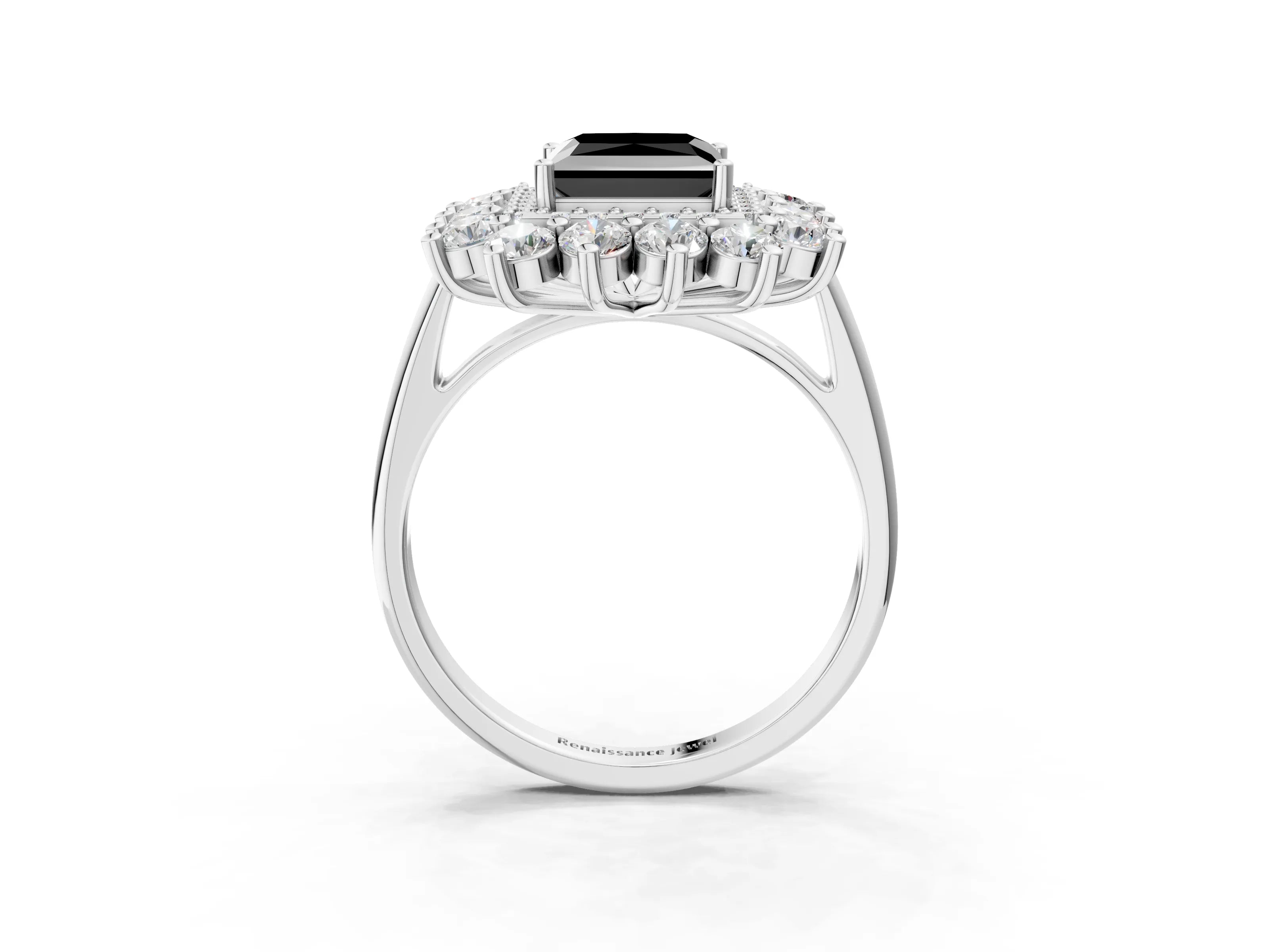 White gold Fancy Black Princess Cut Halo Cluster Diamond Ring with Pave Band and Four-Prong Setting_3