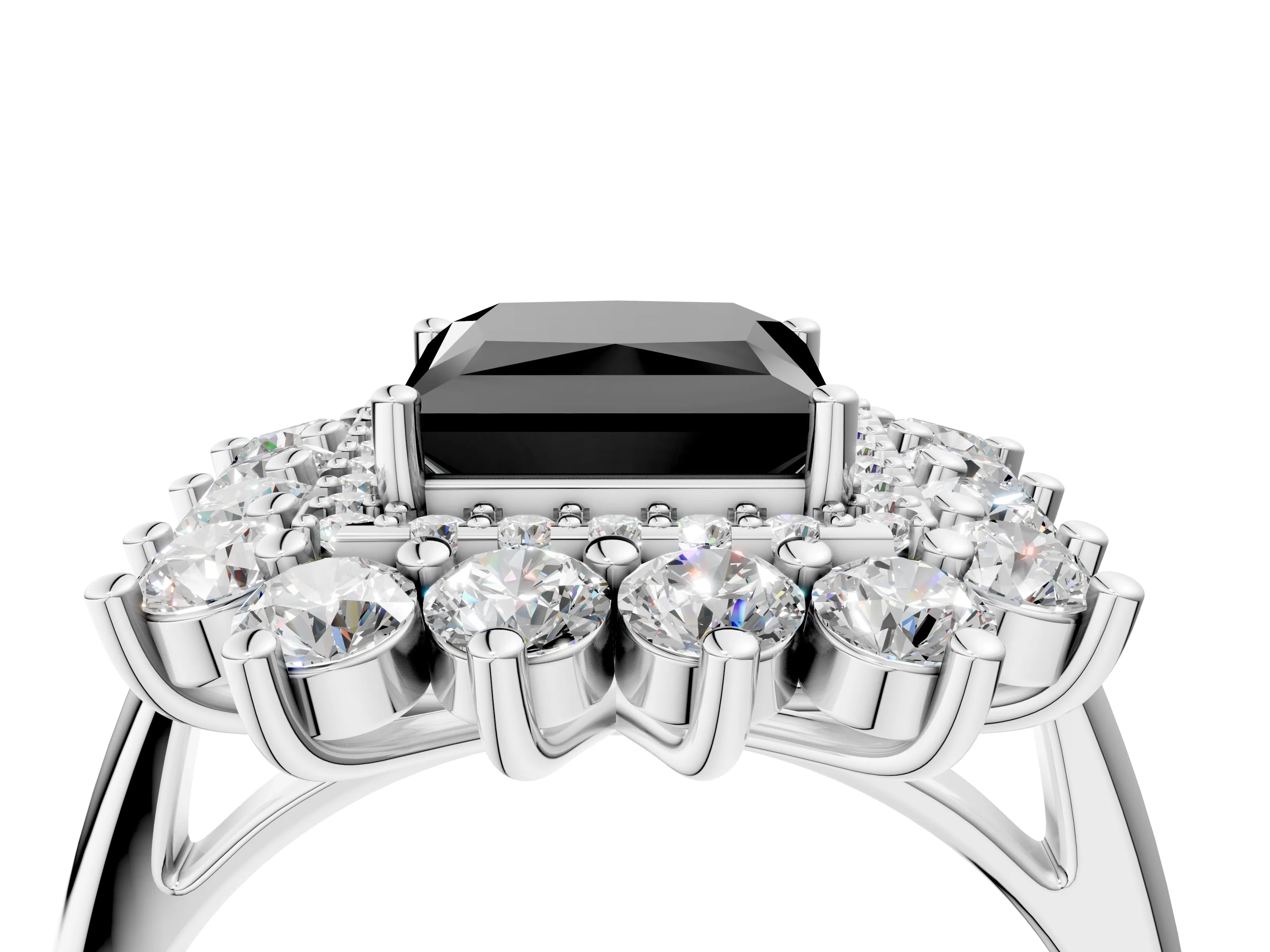 White gold Fancy Black Princess Cut Halo Cluster Diamond Ring with Pave Band and Four-Prong Setting_4