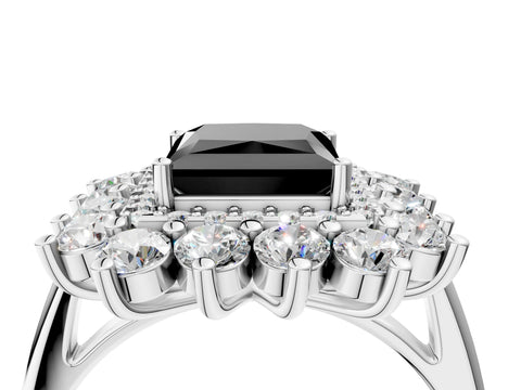 White gold Fancy Black Princess Cut Halo Cluster Diamond Ring with Pave Band and Four-Prong Setting_4