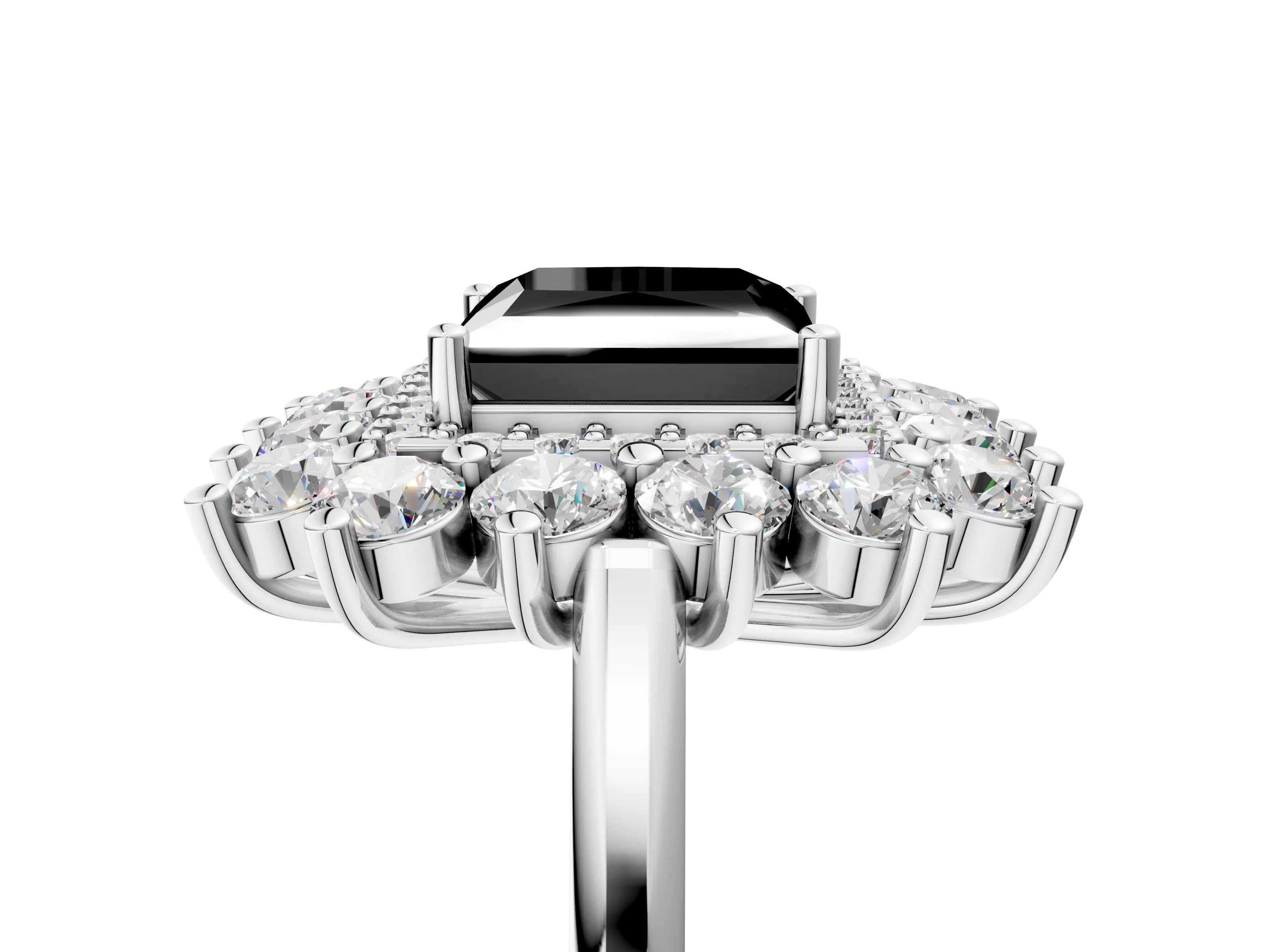 White gold Fancy Black Princess Cut Halo Cluster Diamond Ring with Pave Band and Four-Prong Setting_5