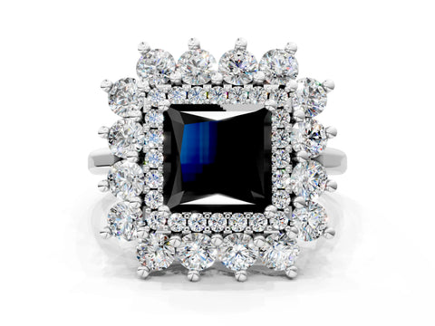 White gold Fancy Black Princess Cut Halo Cluster Diamond Ring with Pave Band and Four-Prong Setting