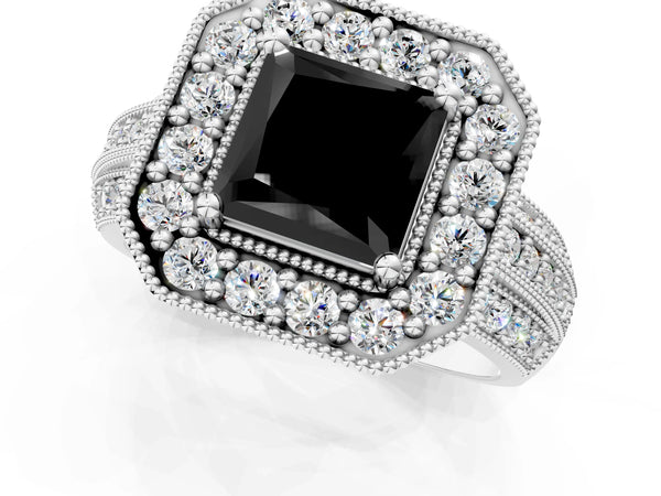 White gold Fancy Black Princess Cut Halo Diamond Engagement Ring with Pave Split Shank and Four-Prong Setting