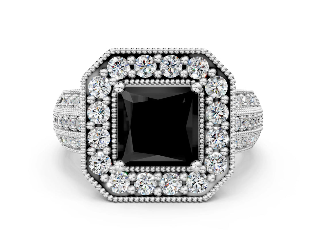 White gold Fancy Black Princess Cut Halo Diamond Engagement Ring with Pave Split Shank and Four-Prong Setting