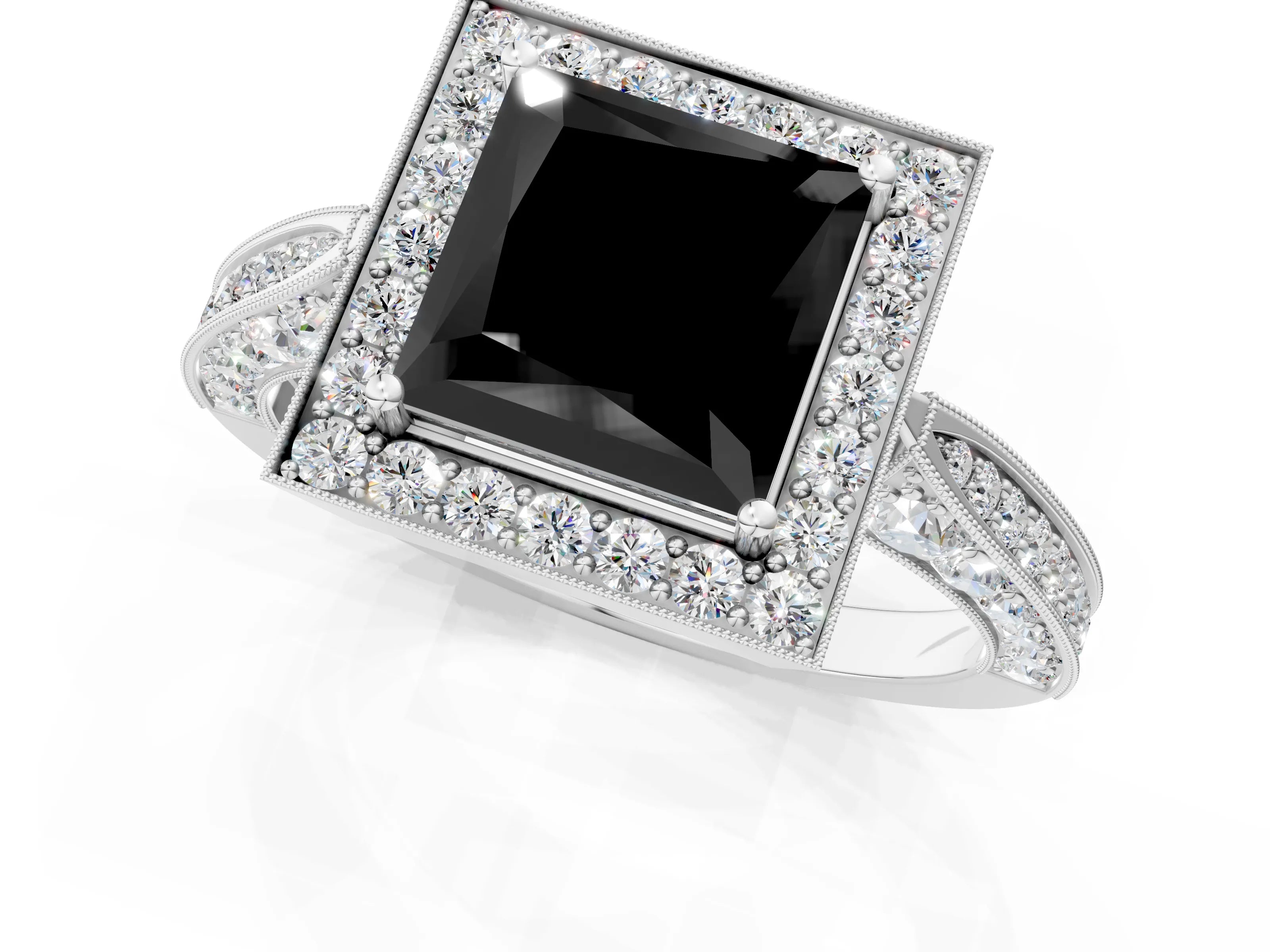 White gold Fancy Black Princess Cut Halo Diamond Engagement Ring with Split Shank Band and Four-Prong Setting_1