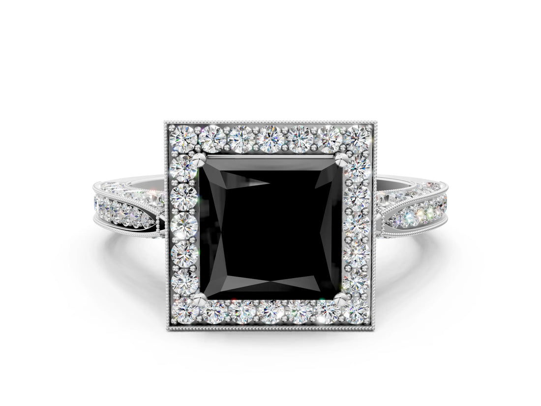 White gold Fancy Black Princess Cut Halo Diamond Engagement Ring with Split Shank Band and Four-Prong Setting_12