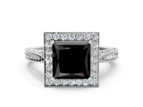 White gold Fancy Black Princess Cut Halo Diamond Engagement Ring with Split Shank Band and Four-Prong Setting_12