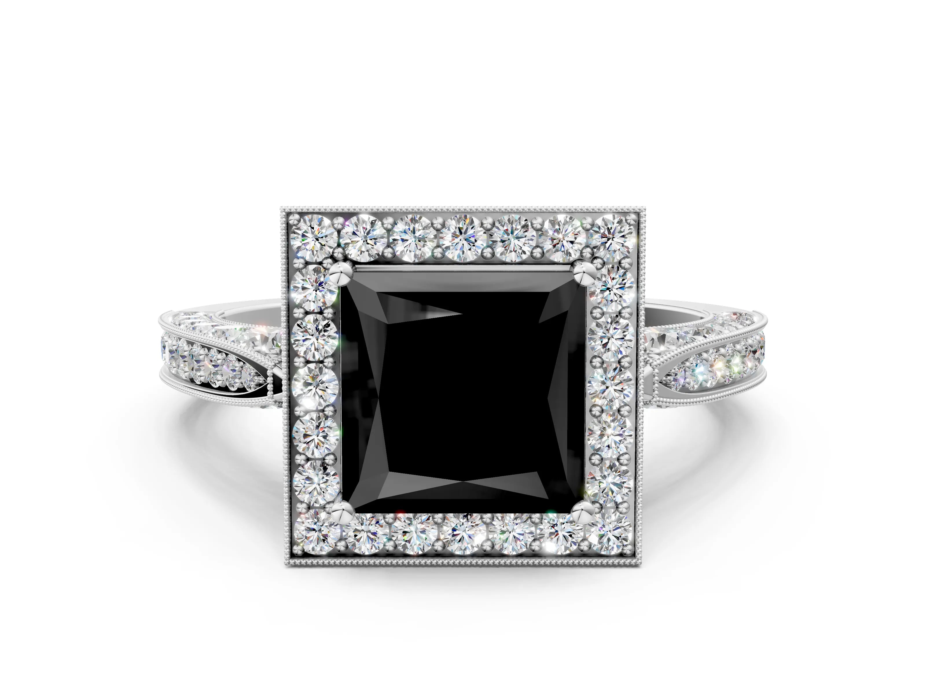 White gold Fancy Black Princess Cut Halo Diamond Engagement Ring with Split Shank Band and Four-Prong Setting_12