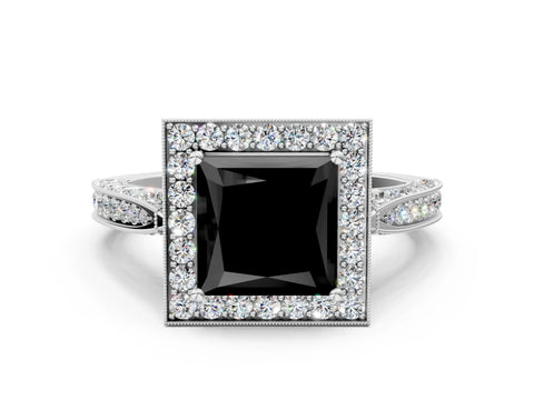 White gold Fancy Black Princess Cut Halo Diamond Engagement Ring with Split Shank Band and Four-Prong Setting_12