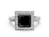 White gold Fancy Black Princess Cut Halo Diamond Engagement Ring with Split Shank Band and Four-Prong Setting