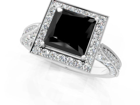White gold Fancy Black Princess Cut Halo Diamond Engagement Ring with Split Shank Band and Four-Prong Setting_1