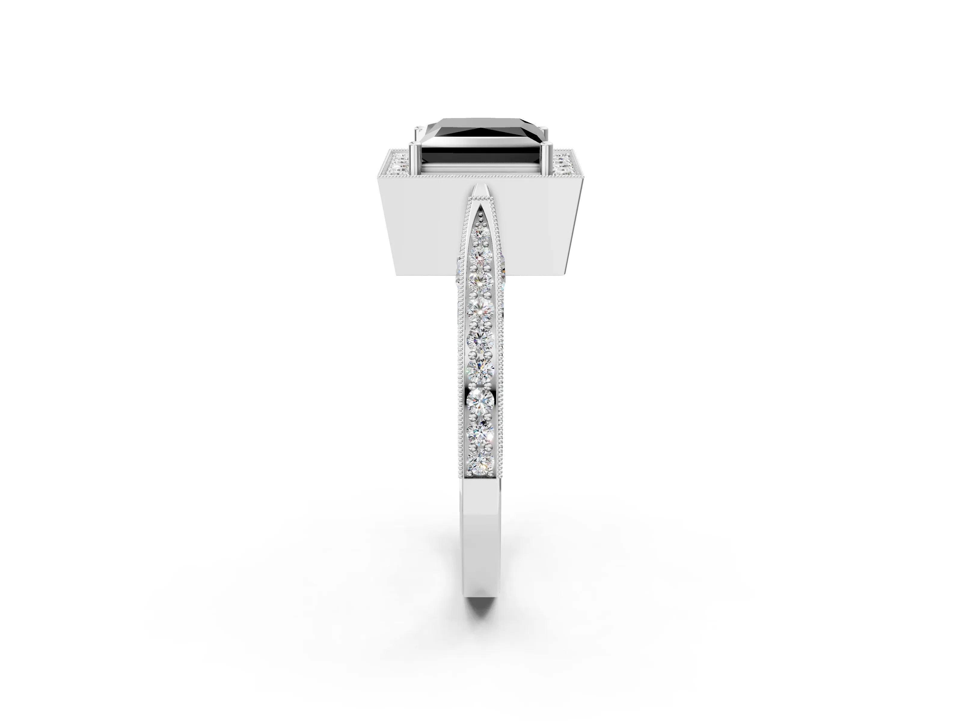 White gold Fancy Black Princess Cut Halo Diamond Engagement Ring with Split Shank Band and Four-Prong Setting_2