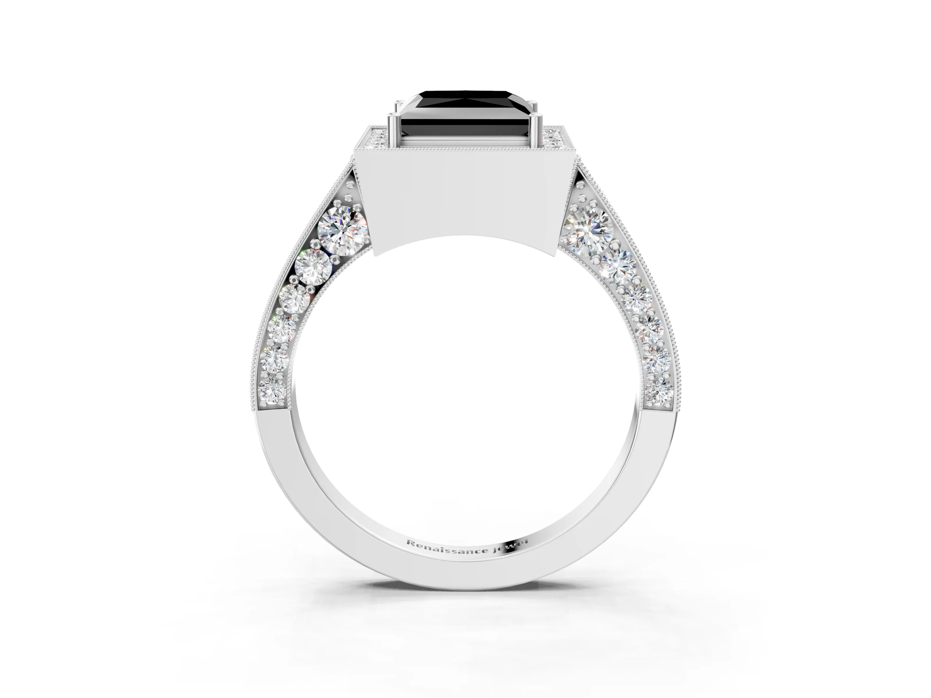 White gold Fancy Black Princess Cut Halo Diamond Engagement Ring with Split Shank Band and Four-Prong Setting_3