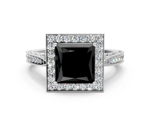 White gold Fancy Black Princess Cut Halo Diamond Engagement Ring with Split Shank Band and Four-Prong Setting