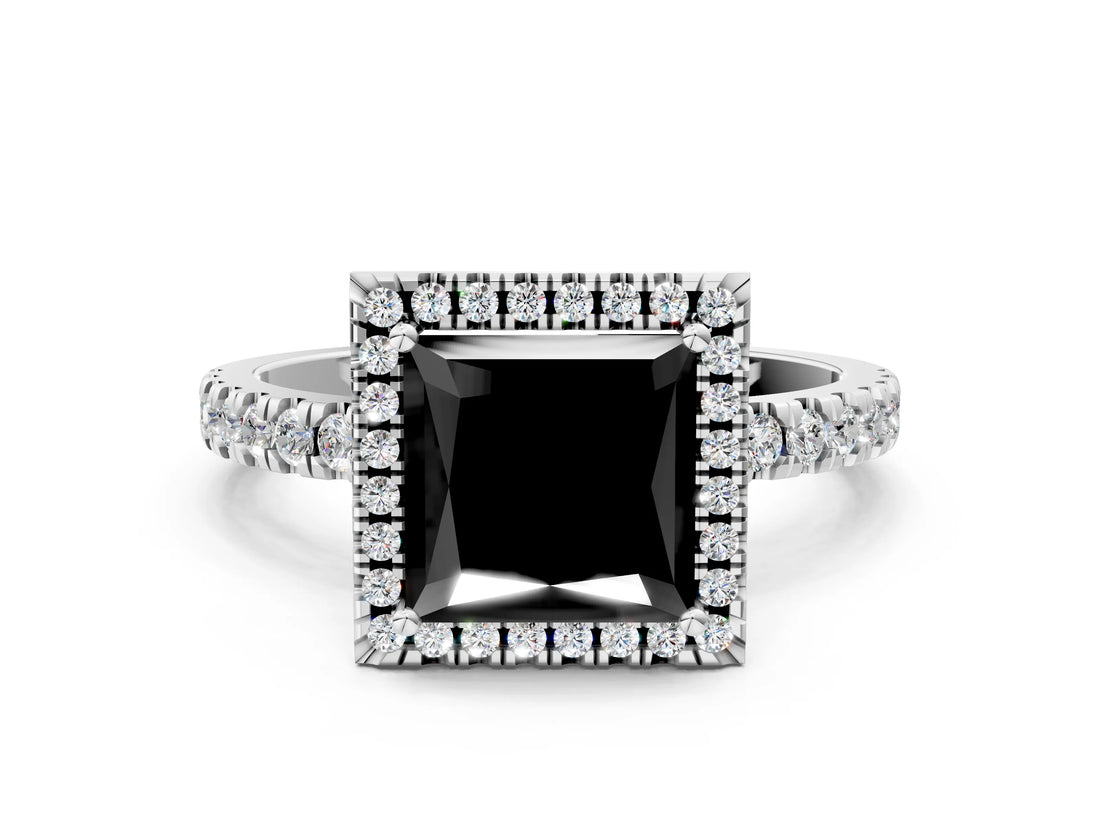White gold Fancy Black Princess Cut Halo Diamond Pave Band with Prong Setting