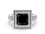 White gold Fancy Black Princess Cut Halo Diamond Ring with Beaded Split Shank and Four-Prong Setting