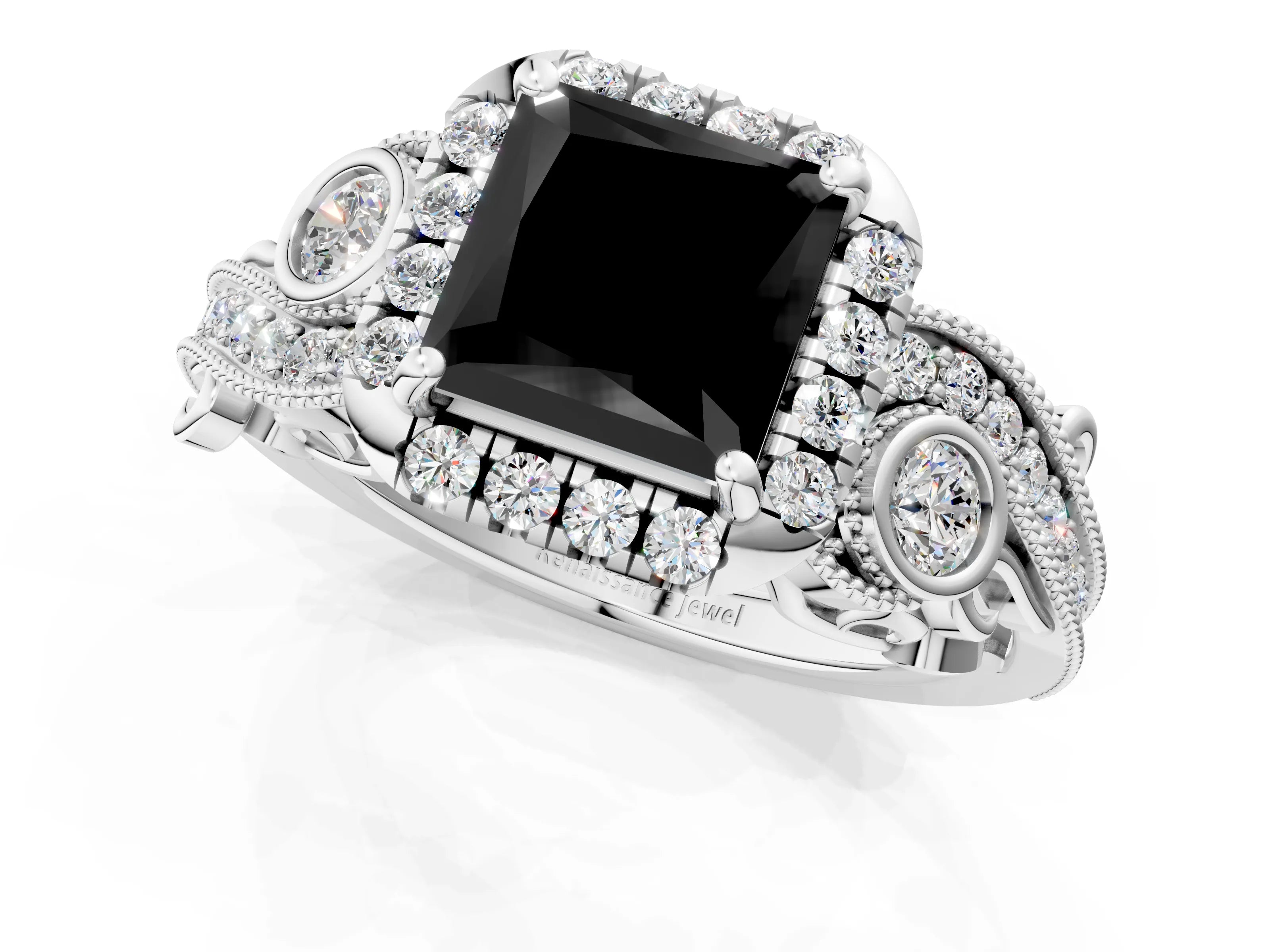 White gold Fancy Black Princess Cut Halo Diamond Ring with Milgrain and Bezel Accents on a Split Shank Band_1