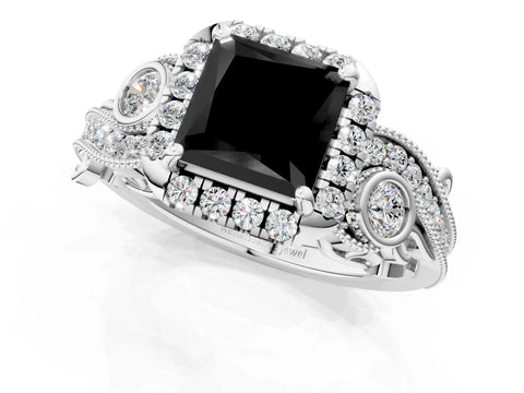 White gold Fancy Black Princess Cut Halo Diamond Ring with Milgrain and Bezel Accents on a Split Shank Band_1