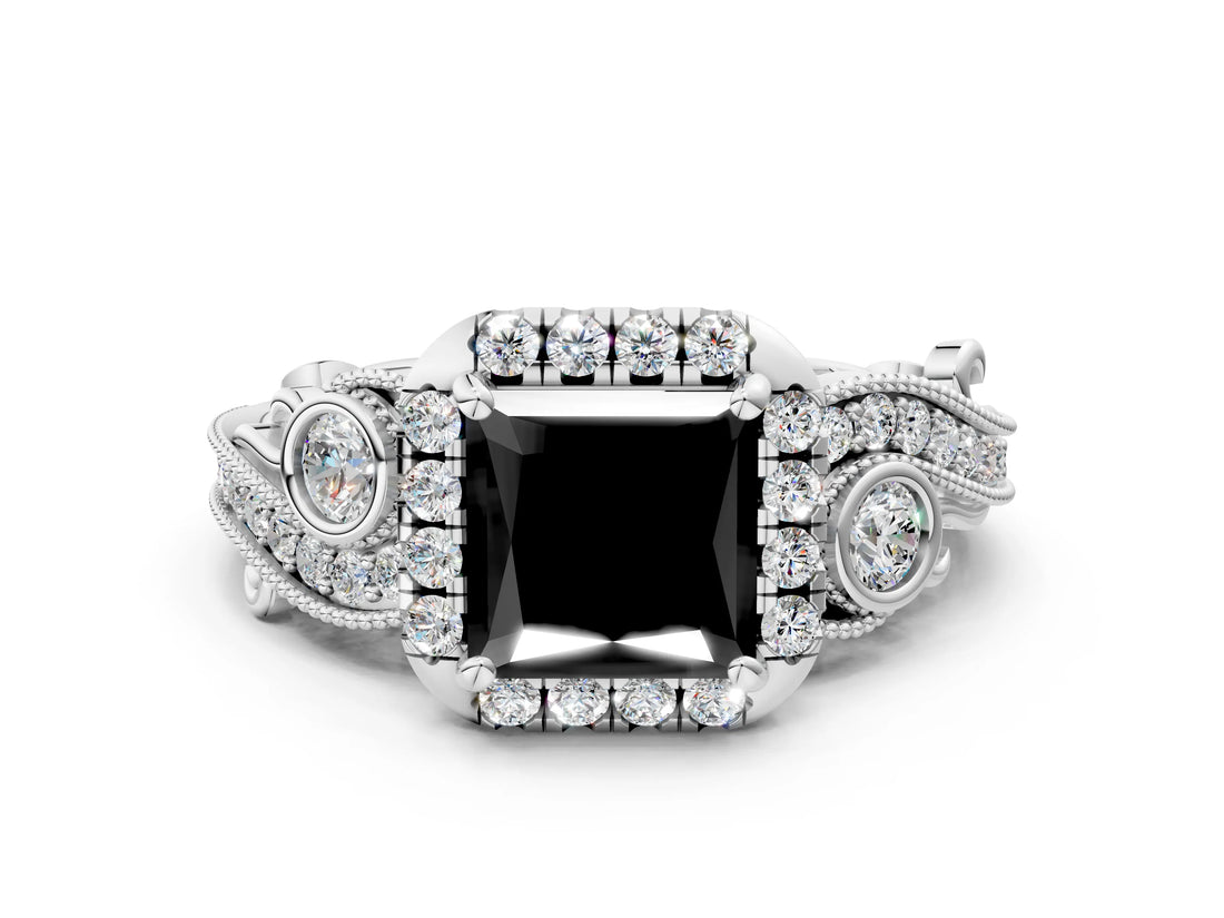 White gold Fancy Black Princess Cut Halo Diamond Ring with Milgrain and Bezel Accents on a Split Shank Band_24