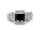 White gold Fancy Black Princess Cut Halo Diamond Ring with Milgrain and Bezel Accents on a Split Shank Band_24