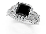 White gold Fancy Black Princess Cut Halo Diamond Ring with Milgrain and Bezel Accents on a Split Shank Band_25