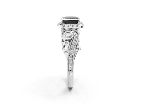 White gold Fancy Black Princess Cut Halo Diamond Ring with Milgrain and Bezel Accents on a Split Shank Band_2