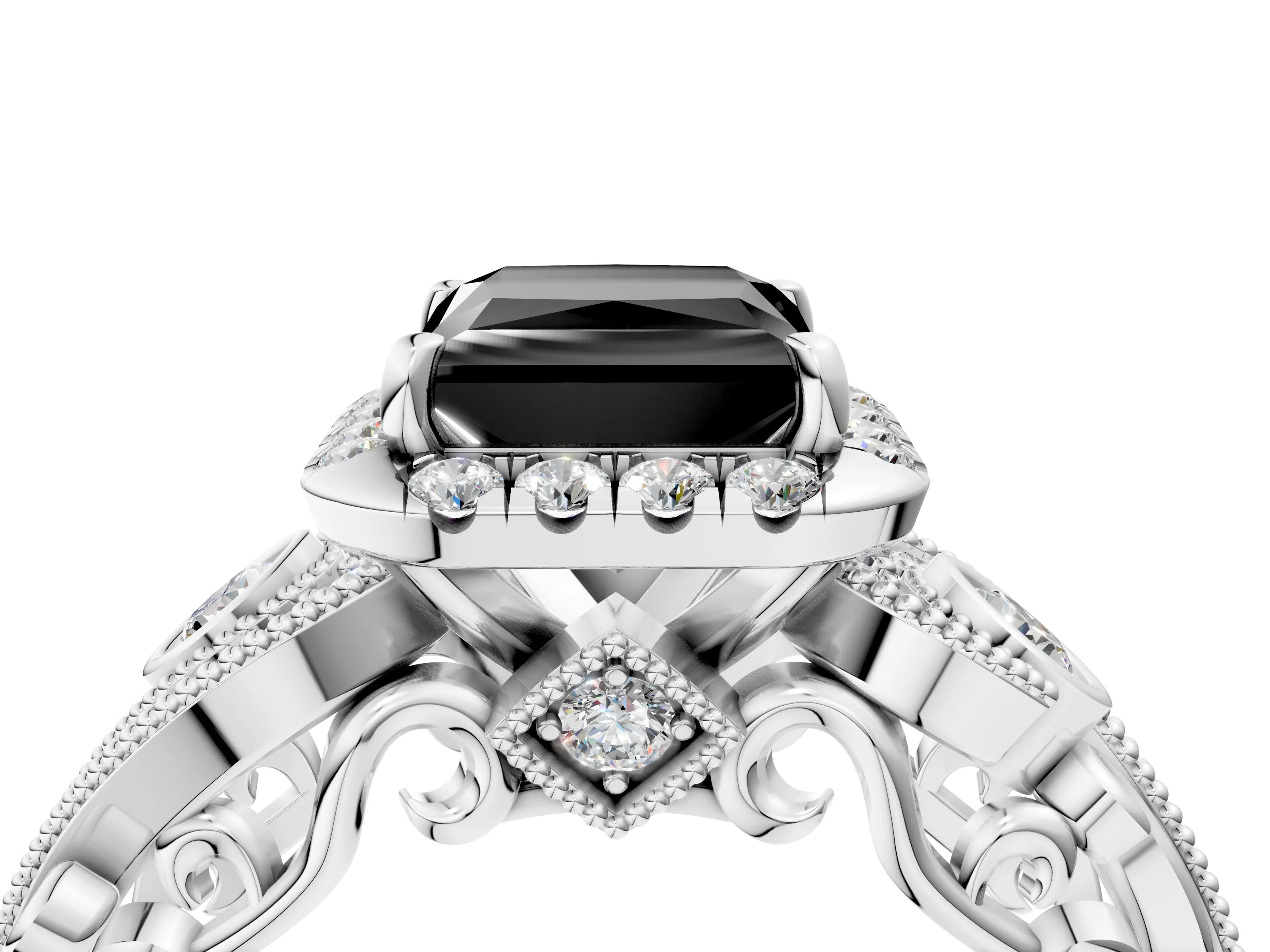 White gold Fancy Black Princess Cut Halo Diamond Ring with Milgrain and Bezel Accents on a Split Shank Band_4