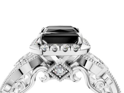 White gold Fancy Black Princess Cut Halo Diamond Ring with Milgrain and Bezel Accents on a Split Shank Band_4