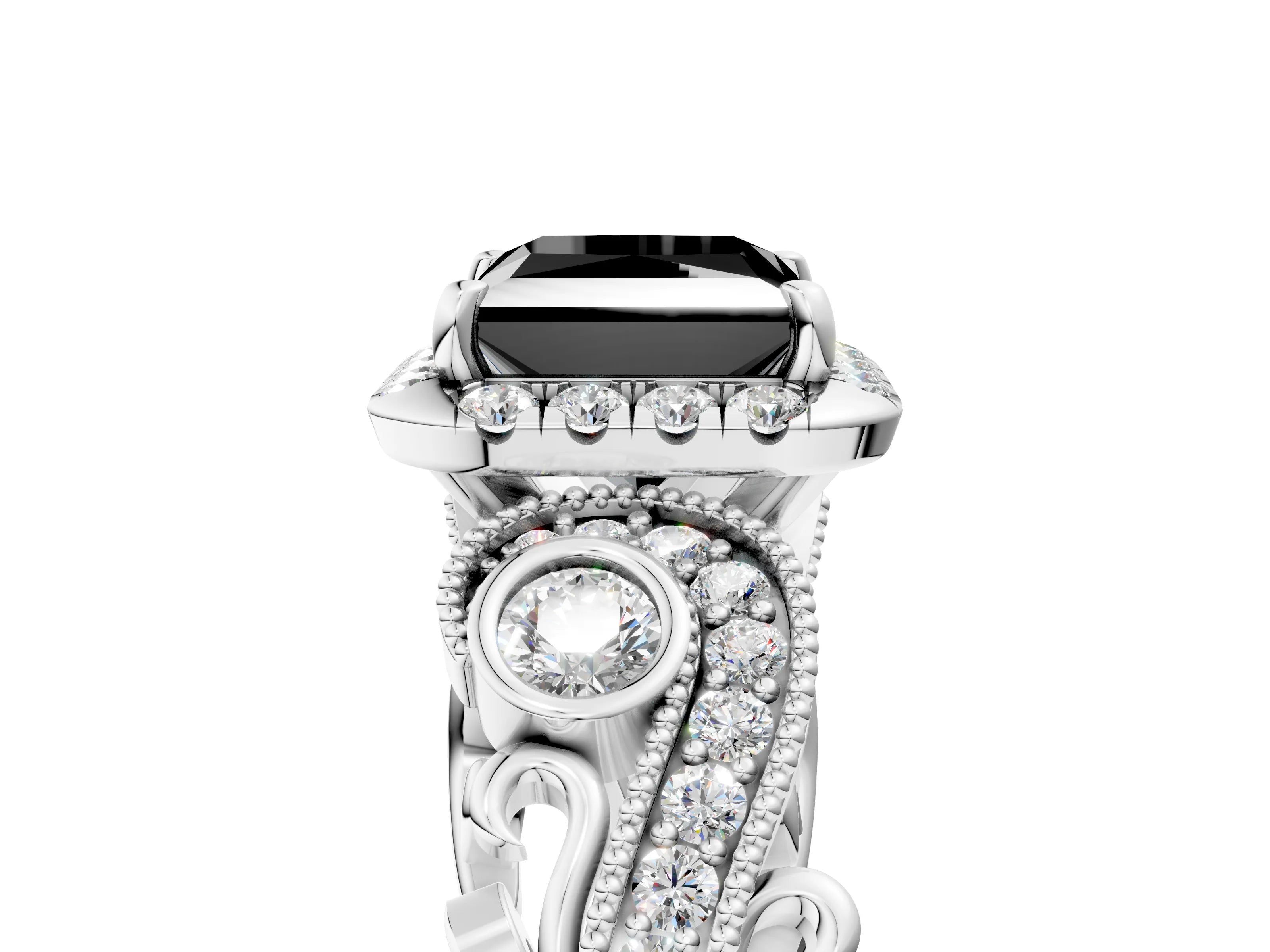 White gold Fancy Black Princess Cut Halo Diamond Ring with Milgrain and Bezel Accents on a Split Shank Band_5