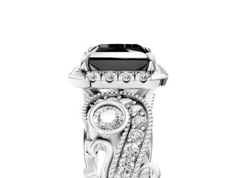 White gold Fancy Black Princess Cut Halo Diamond Ring with Milgrain and Bezel Accents on a Split Shank Band_5