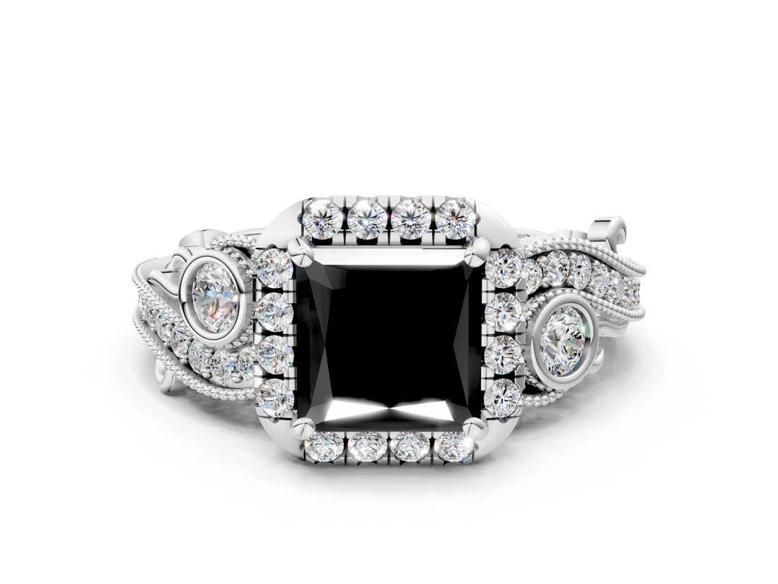 White gold Fancy Black Princess Cut Halo Diamond Ring with Milgrain and Bezel Accents on a Split Shank Band_6