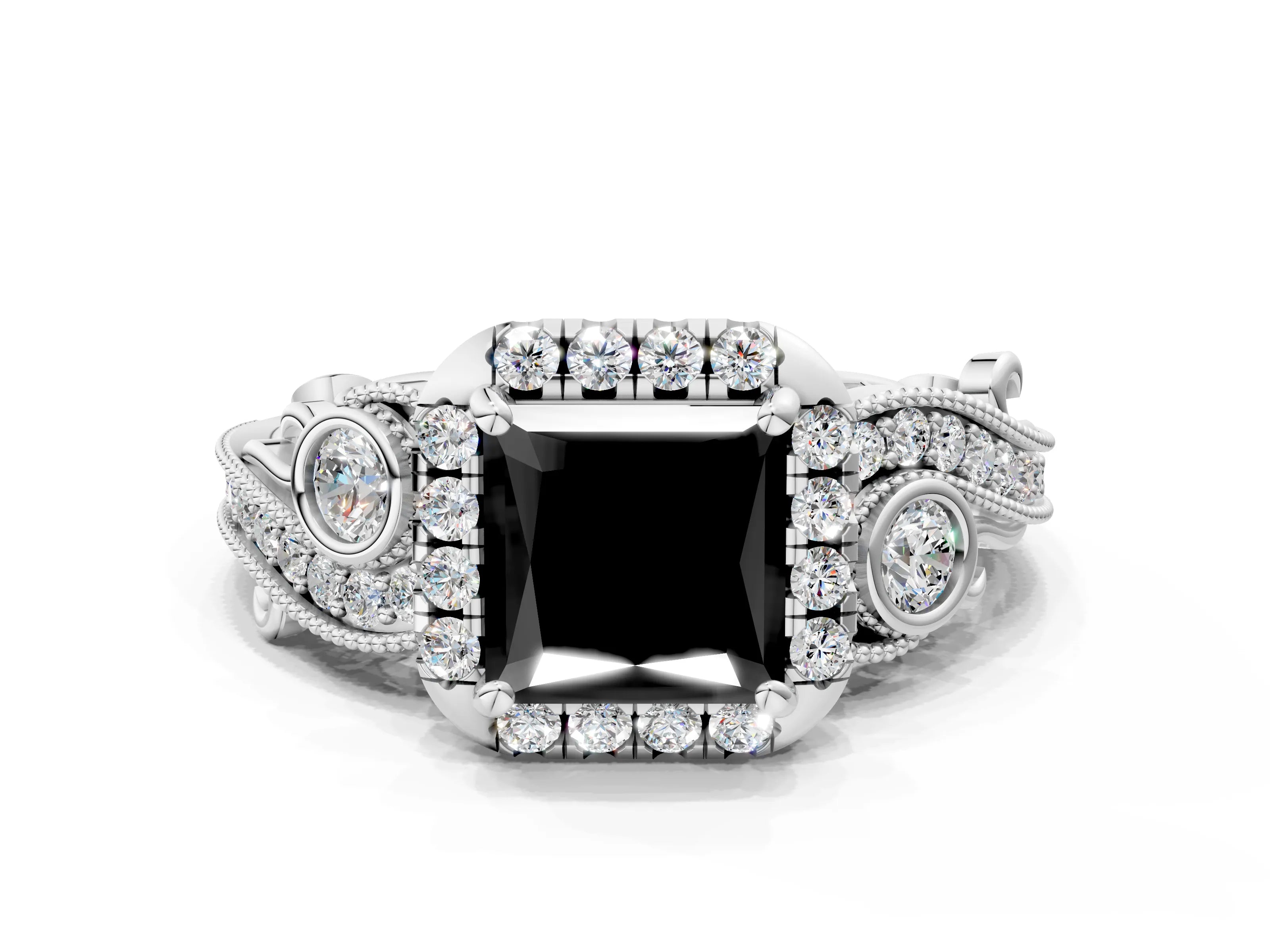 White gold Fancy Black Princess Cut Halo Diamond Ring with Milgrain and Bezel Accents on a Split Shank Band