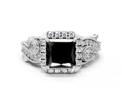 White gold Fancy Black Princess Cut Halo Diamond Ring with Milgrain and Bezel Accents on a Split Shank Band