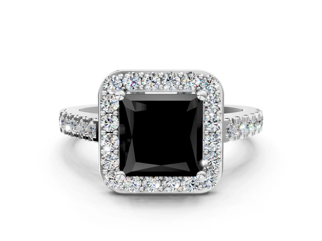 White gold Fancy Black Princess Cut Halo Diamond Ring with Pavé Band and Three-Prong Setting_12