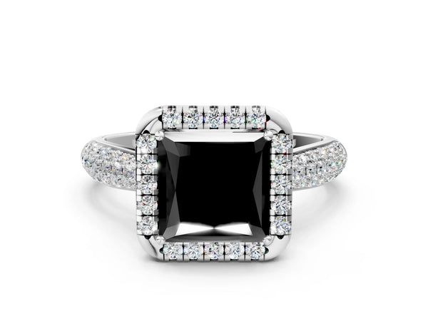 White gold Fancy Black Princess Cut Halo Diamond Ring with Pavé Band