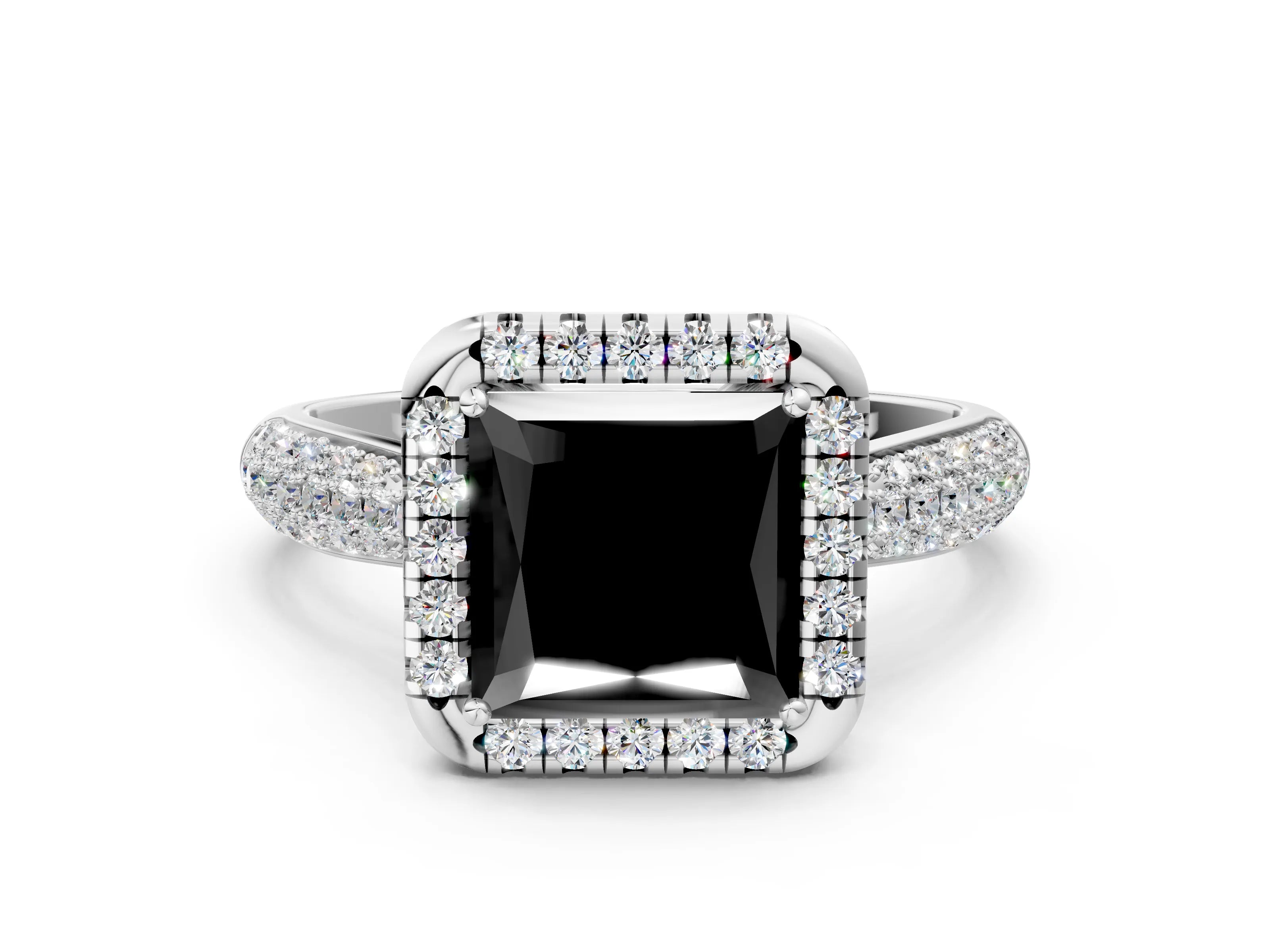 White gold Fancy Black Princess Cut Halo Diamond Ring with Pavé Band_12